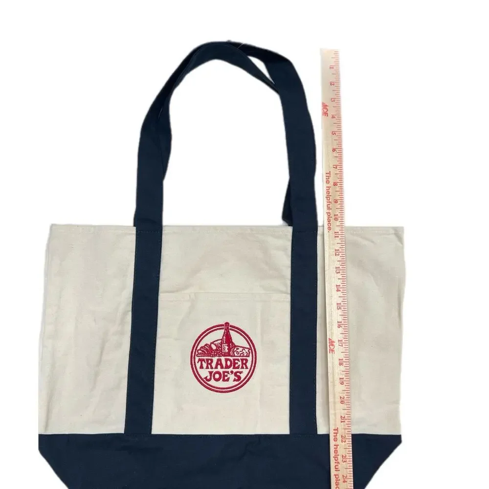 Trader Joe's Large Cotton Canvas Tote Navy Reusable Market Bag Pockets NWT
